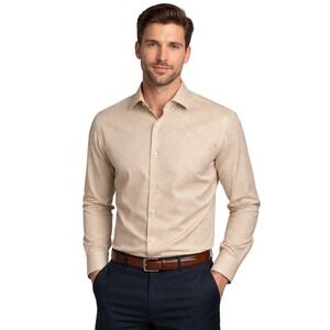 J Ferrar Mens Slim Fit Stretch Shirt Size M Beige Micro Print Button Up L Sleeve